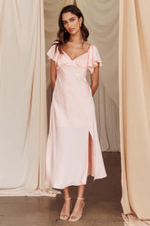 Park Avenue Flutter Sleeve Side Split Midi Dress Blush